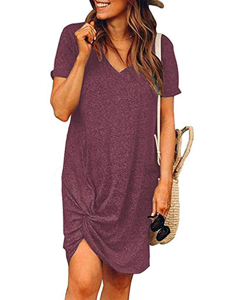 Locryz Women's Knot Front Dress Summer Loose Fit Solid Color T-Shirt Dress XXL Wine Red - Image 1